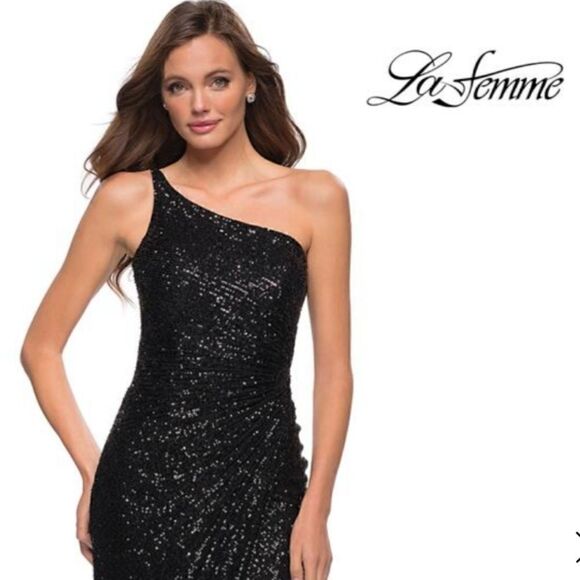 NWT LA FEMME black Sequin One shoulder Gown - Picture 3 of 10